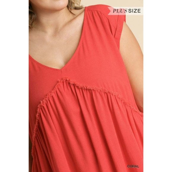 Umgee Plus Size Milk Tea V-Neck Short Folded Sleeve Ruffle Trimmed Pocket Dress - Picture 10 of 12